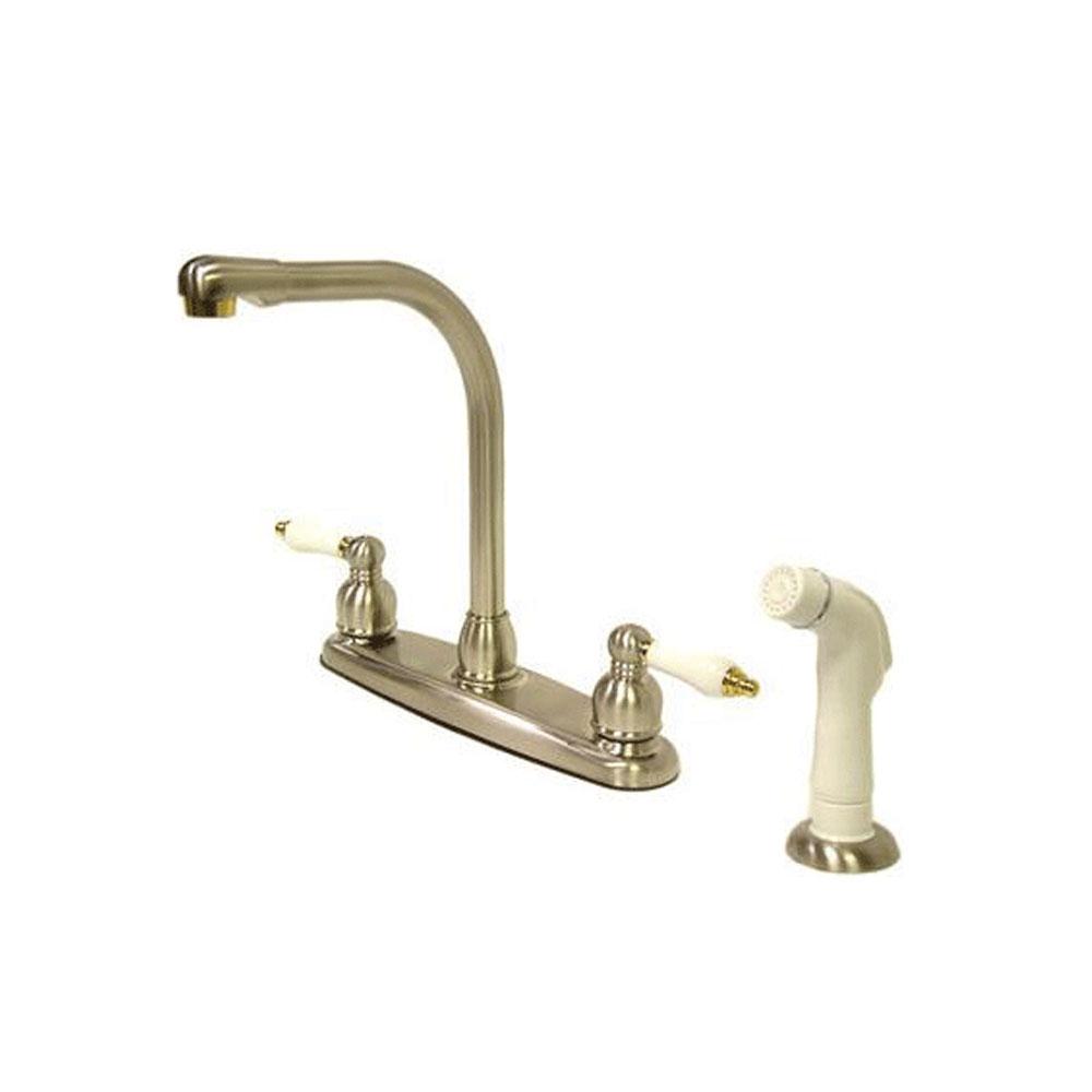 Kingston Brass Victorian High Arch with Oak & Porcelain Lever Handles, Satin Nickel with Polished Brass Kitchen Faucet Kingston Brass 