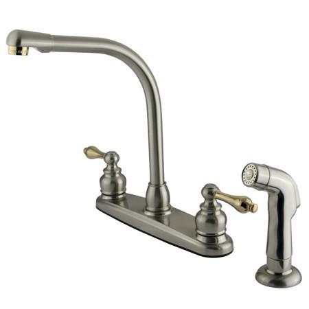 Kingston Brass Victorian High Arch Kitchen Faucet with Lever Handles and Sprayer, Satin Nickel with Polished Brass Kitchen Faucet Kingston Brass 