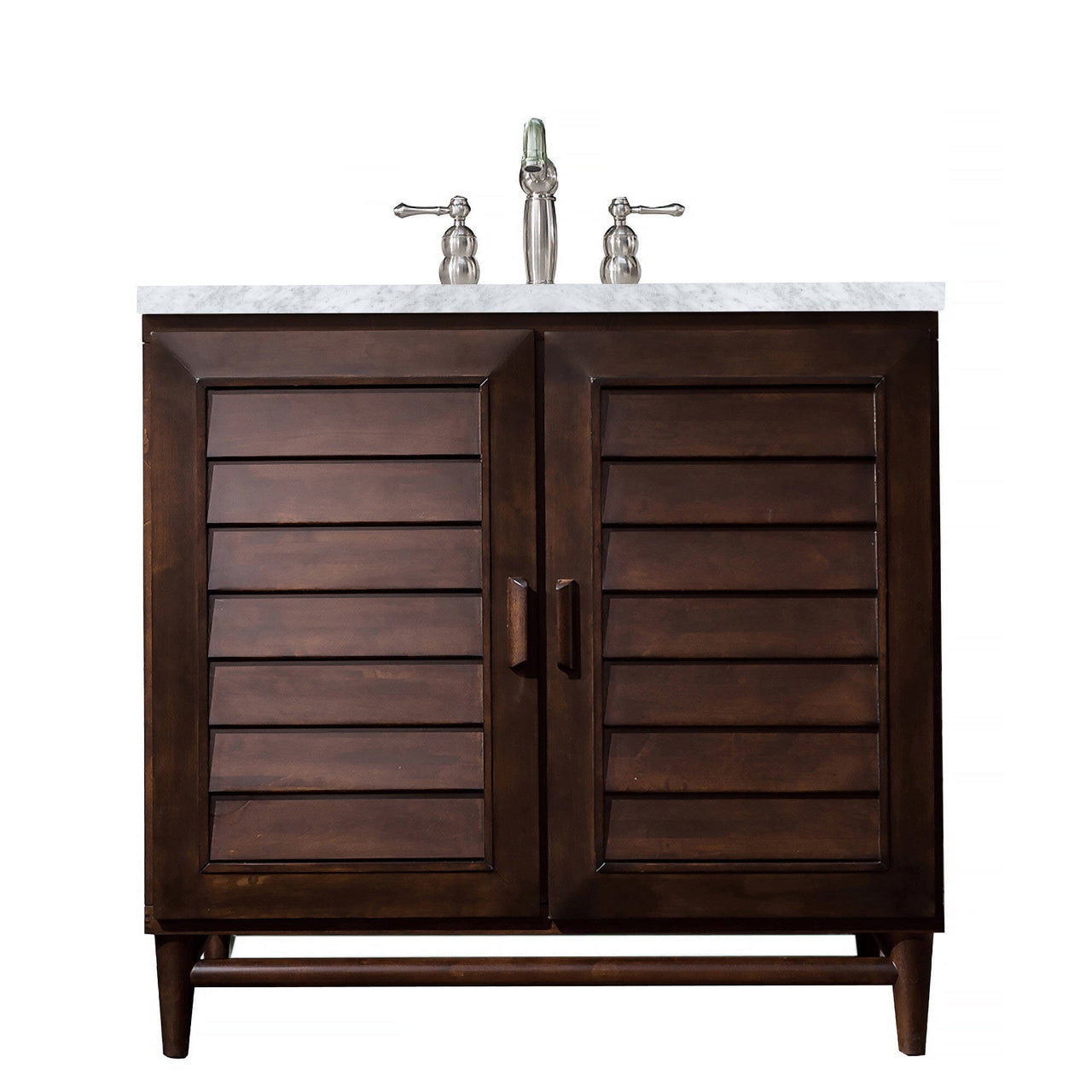 James Martin Portland 36" Single Vanity Vanity James Martin Burnished Mahogany w/ 3 CM Carrara Marble Top 