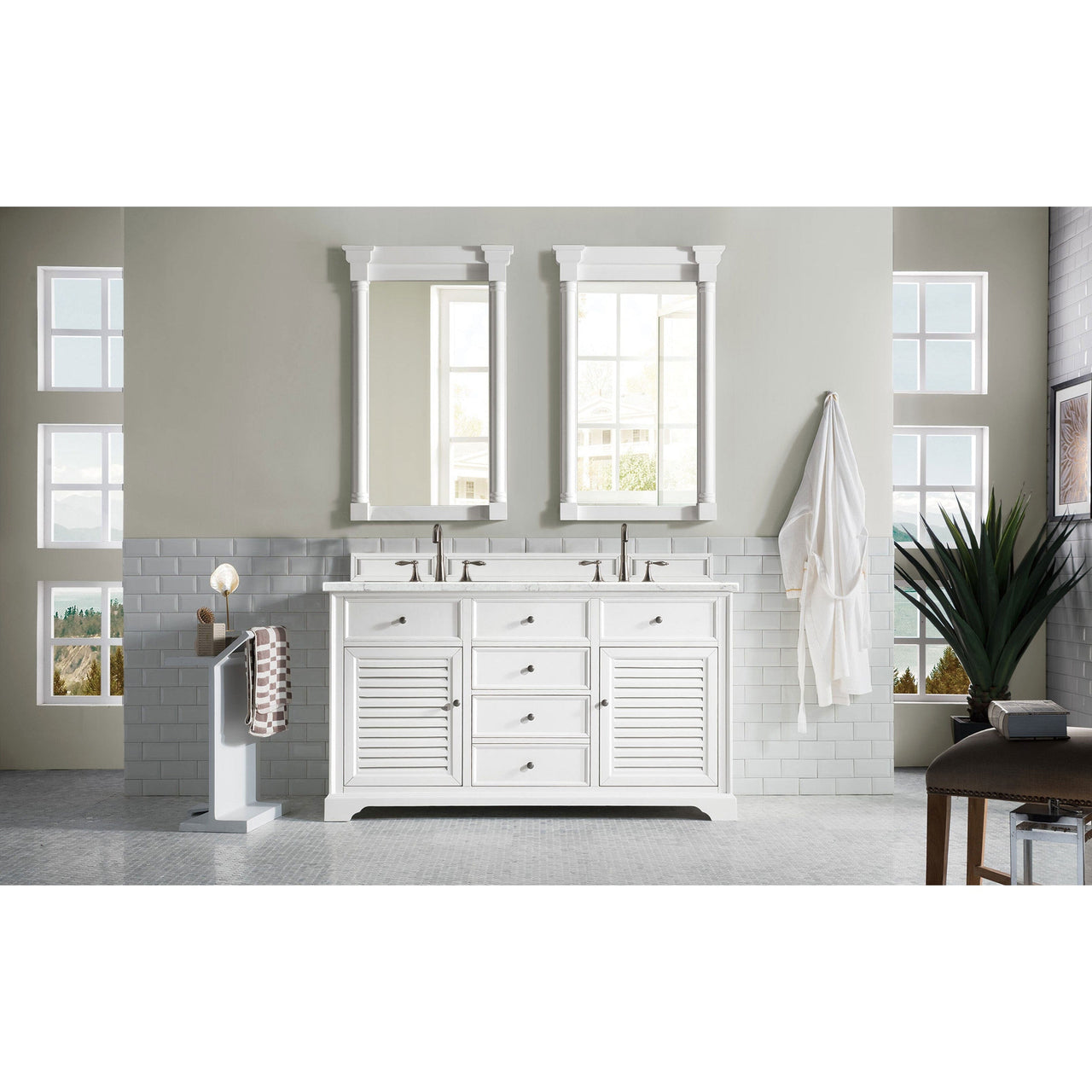 James Martin Savannah 60" Double Vanity Vanity James Martin Bright White w/ 3 CM Eternal Jasmine Pearl Quartz Top 