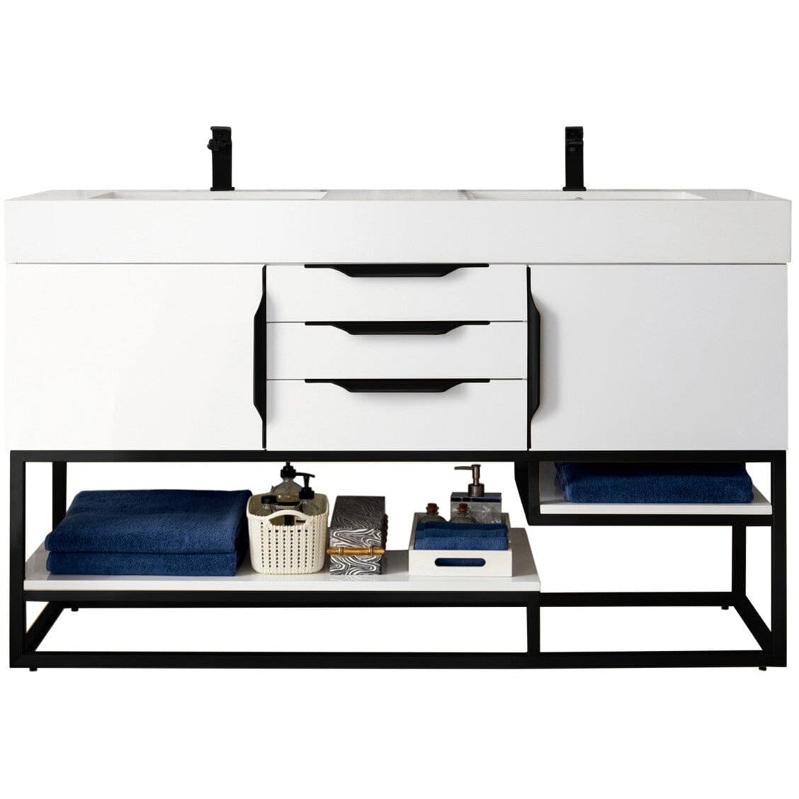 James Martin Columbia 59" Double Vanity Vanity James Martin Glossy White - Matte Black w/ White Glossy Composite Countertop 