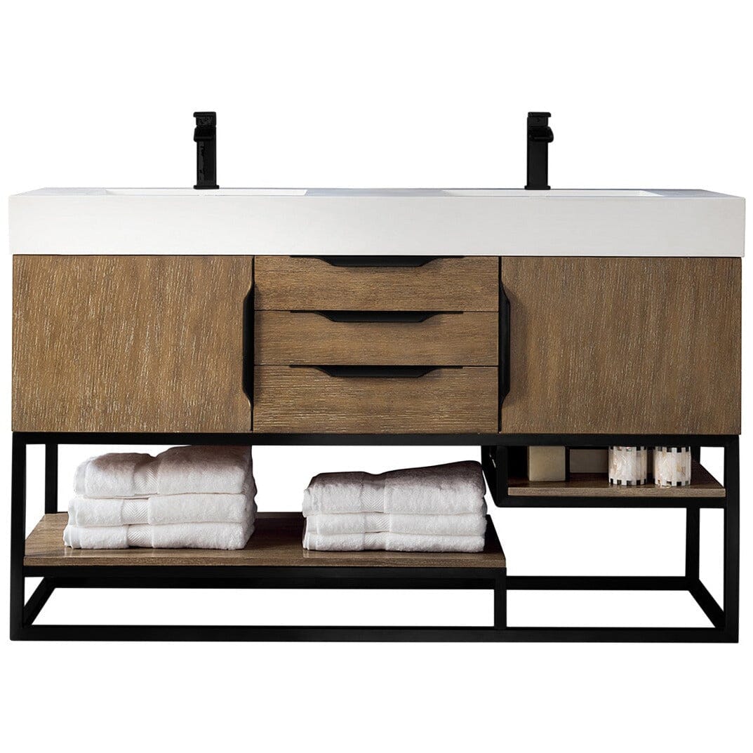 James Martin Columbia 59" Double Vanity Vanity James Martin Latte Oak - Matte Black w/ White Glossy Composite Countertop 