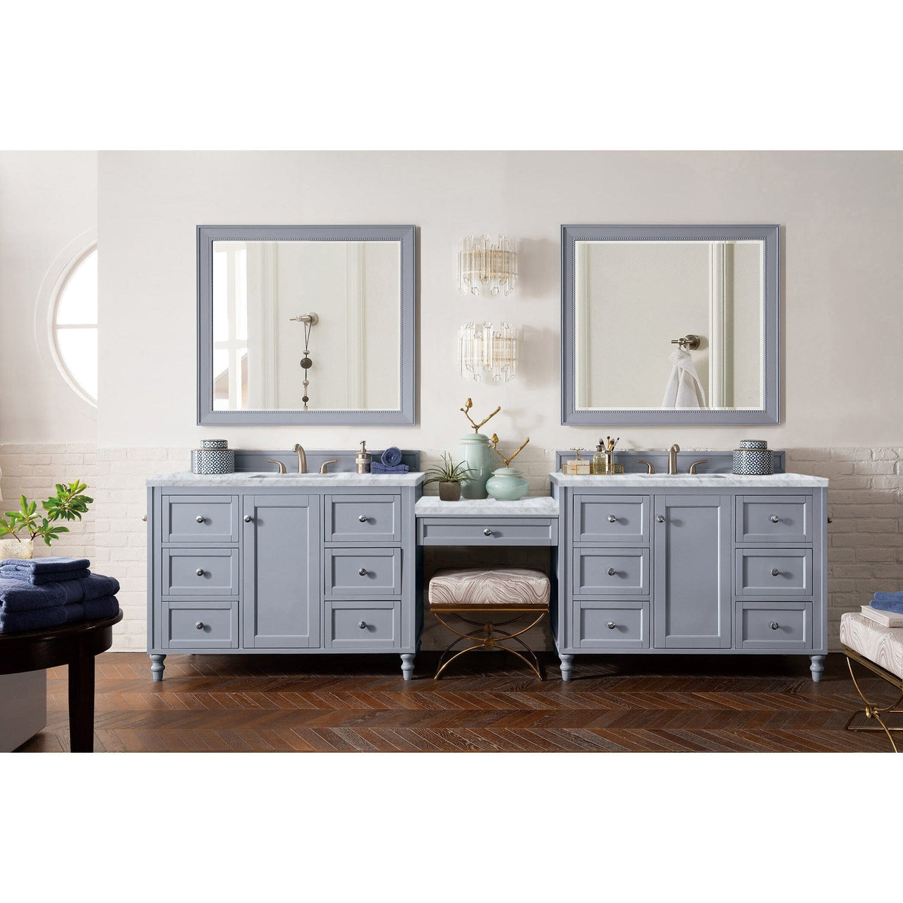 James Martin Copper Cove Encore 122" Double Vanity Set Vanity James Martin Silver Gray w/ 3 CM Carrara Marble Top 