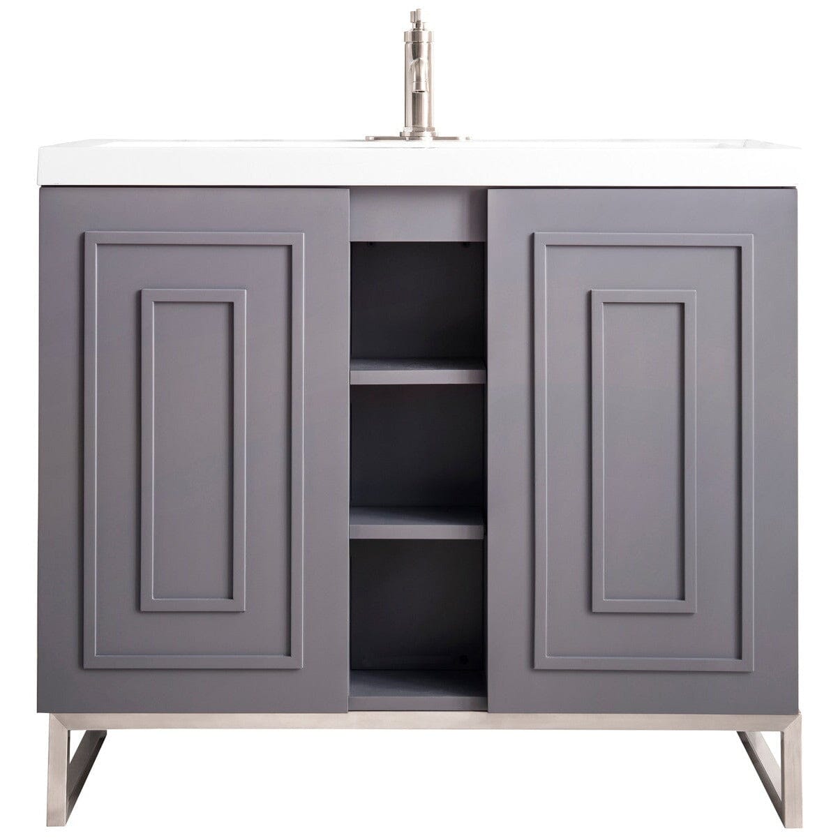 James Martin Alicante' 39.5" Single Vanity Cabinet Vanity James Martin Grey Smoke-Brushed Nickel w/ White Glossy Composite Countertop 