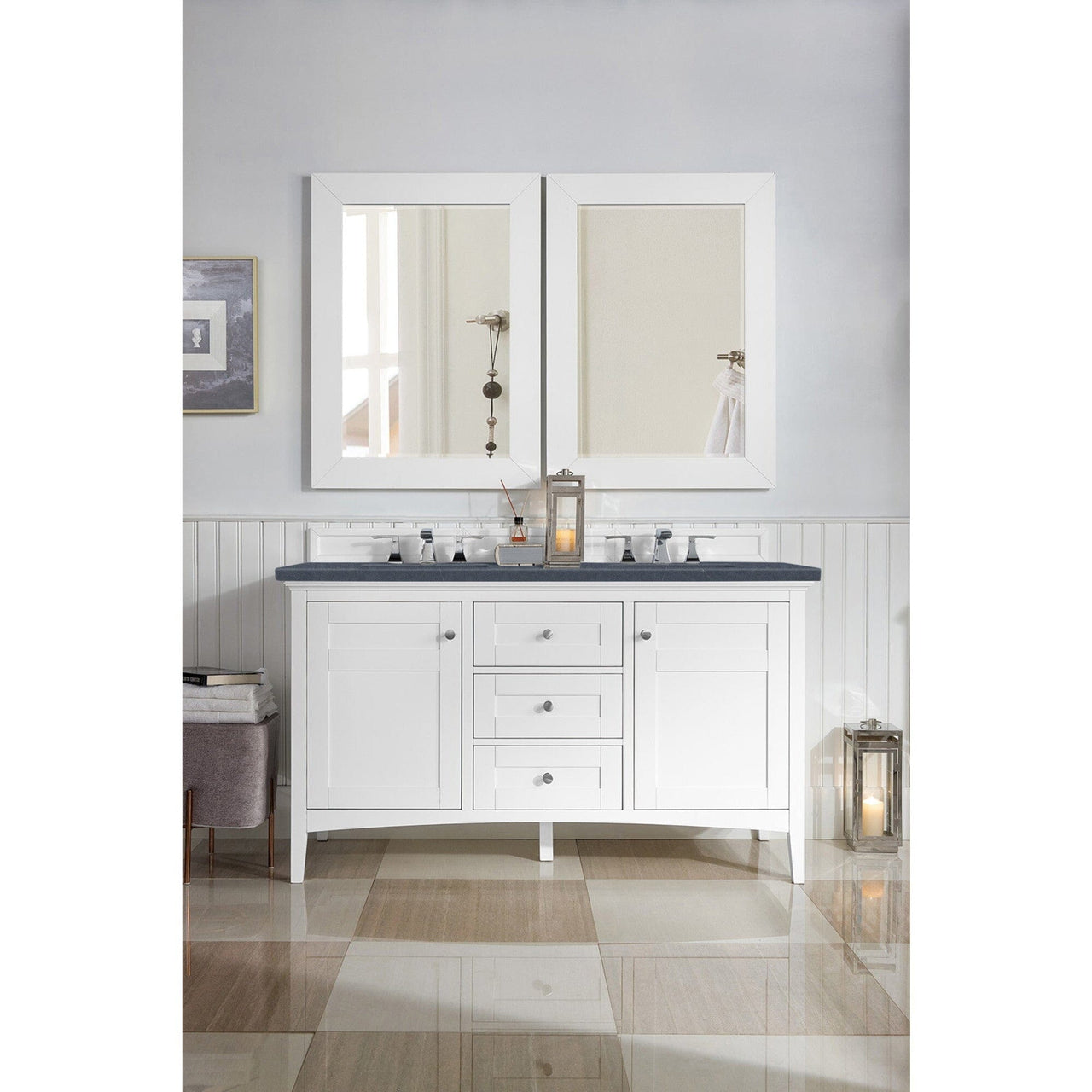 James Martin Palisades 60" Double Vanity Vanity James Martin Bright White w/ 3 CM Charcoal Soapstone Quartz Top 