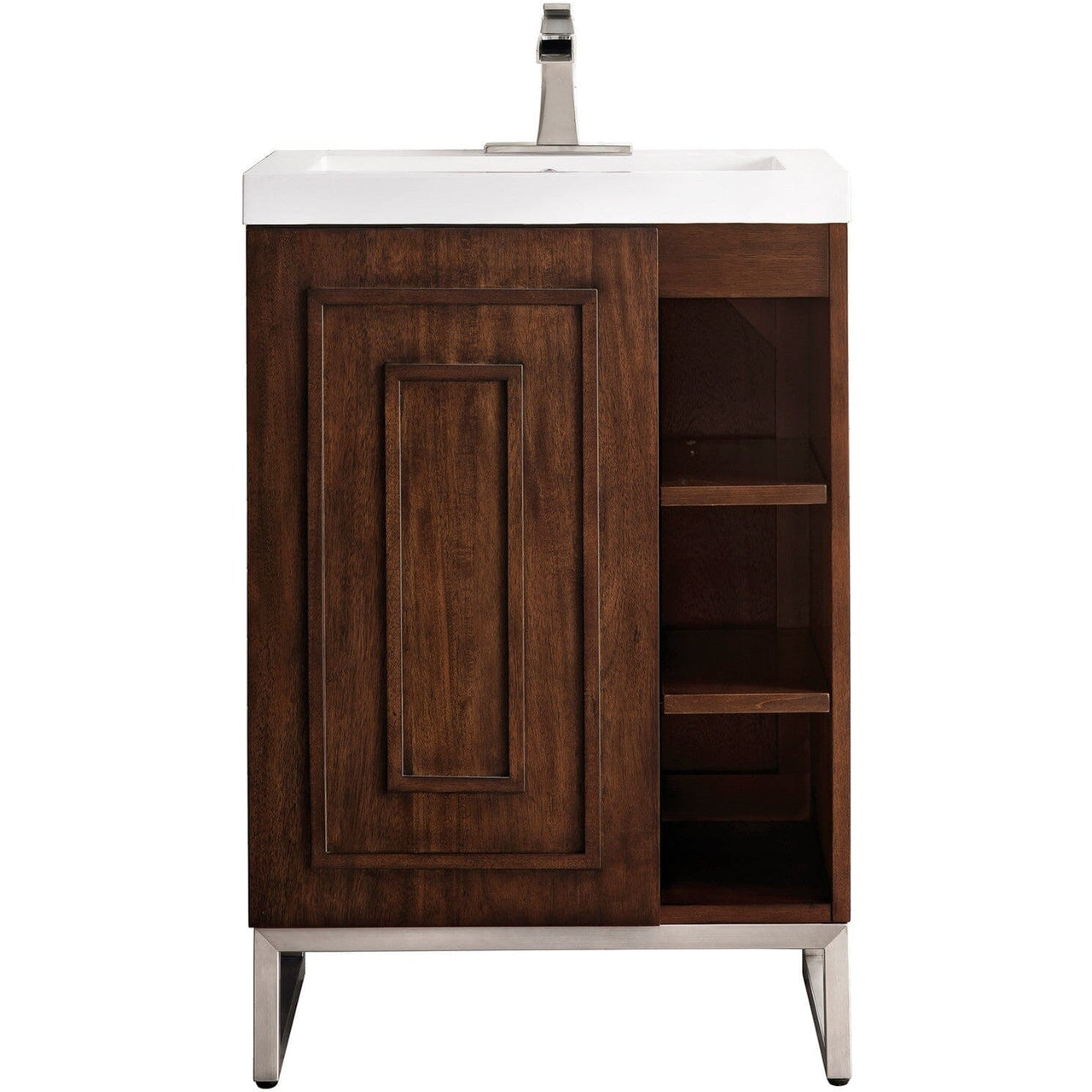 James Martin Alicante' 24" Single Vanity Cabinet Vanity James Martin Mid Century Acacia-Brushed Nickel w/ White Glossy Composite Countertop 