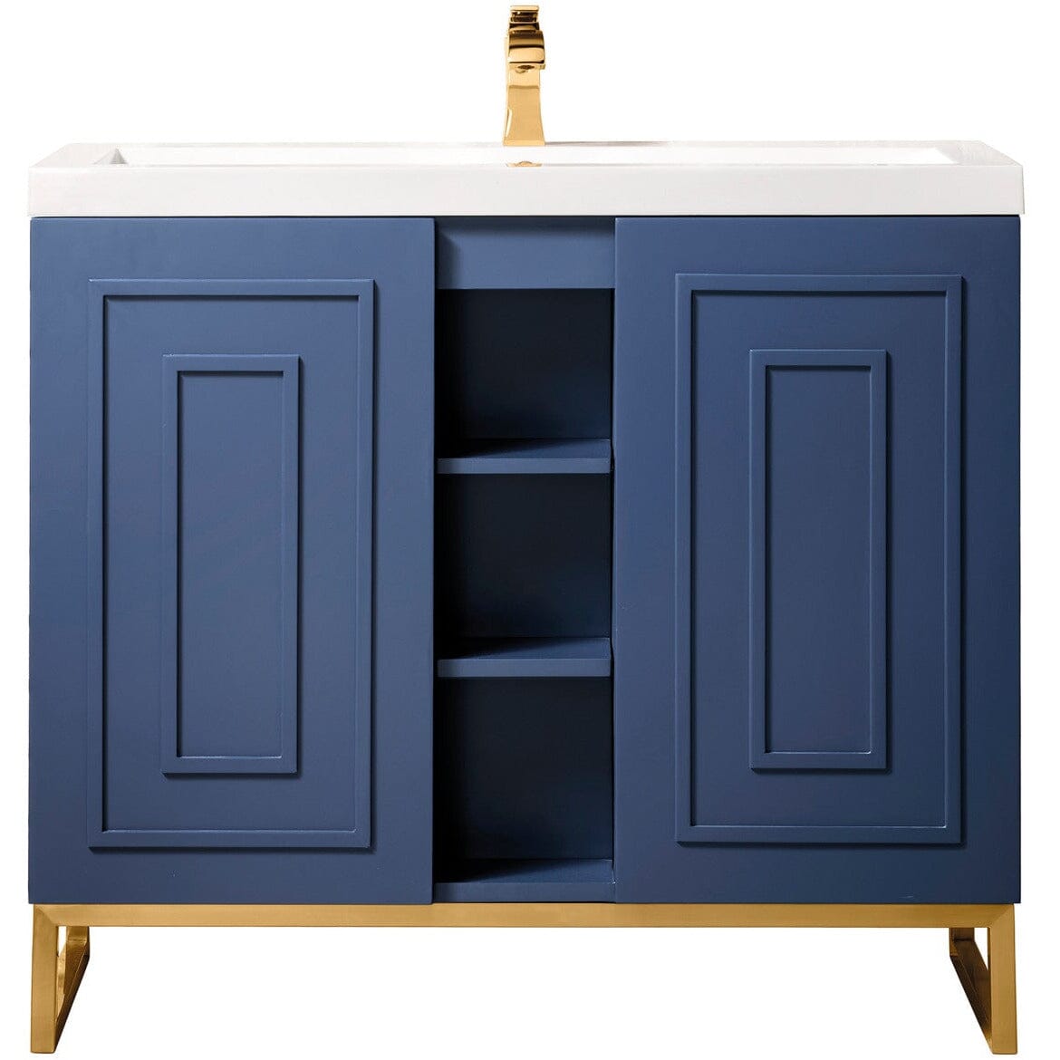 James Martin Alicante' 39.5" Single Vanity Cabinet Vanity James Martin Azure Blue-Radiant Gold w/ White Glossy Composite Countertop 