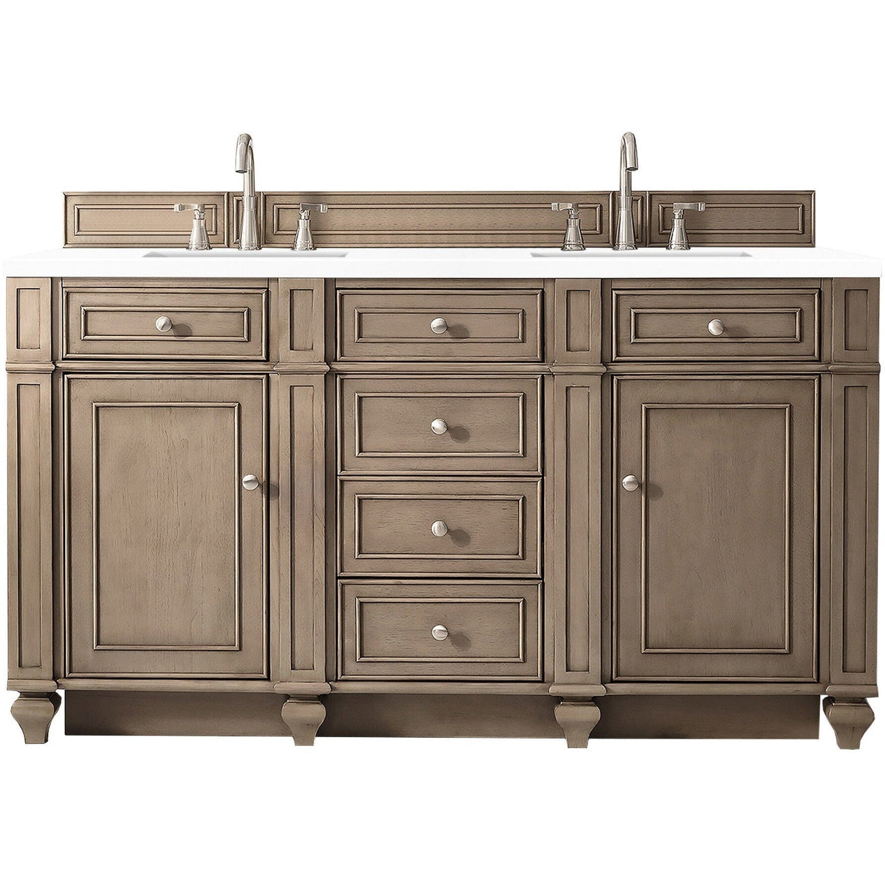 James Martin Bristol 60" Double Vanity Vanity James Martin Whitewashed Walnut w/ 3 CM Classic White Quartz Top 