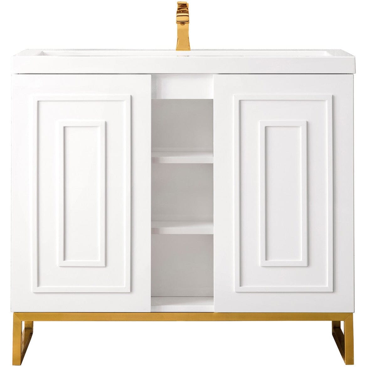 James Martin Alicante' 39.5" Single Vanity Cabinet Vanity James Martin Glossy White-Radiant Gold w/ White Glossy Composite Countertop 