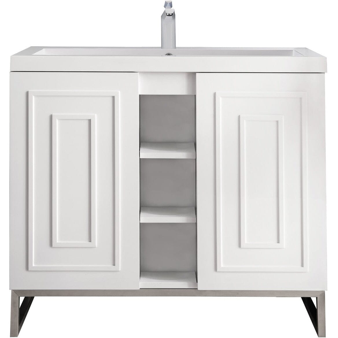 James Martin Alicante' 39.5" Single Vanity Cabinet Vanity James Martin Glossy White-Brushed Nickel w/ White Glossy Composite Countertop 