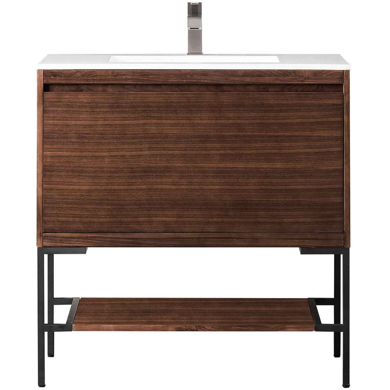 James Martin Milan 35.4" Single Vanity Vanity James Martin Mid Century Walnut - Matte Black w/Glossy White Composite Top 