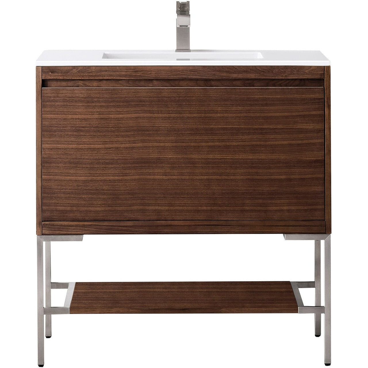 James Martin Milan 35.4" Single Vanity Vanity James Martin Mid Century Walnut - Brushed Nickel w/Glossy White Composite Top 