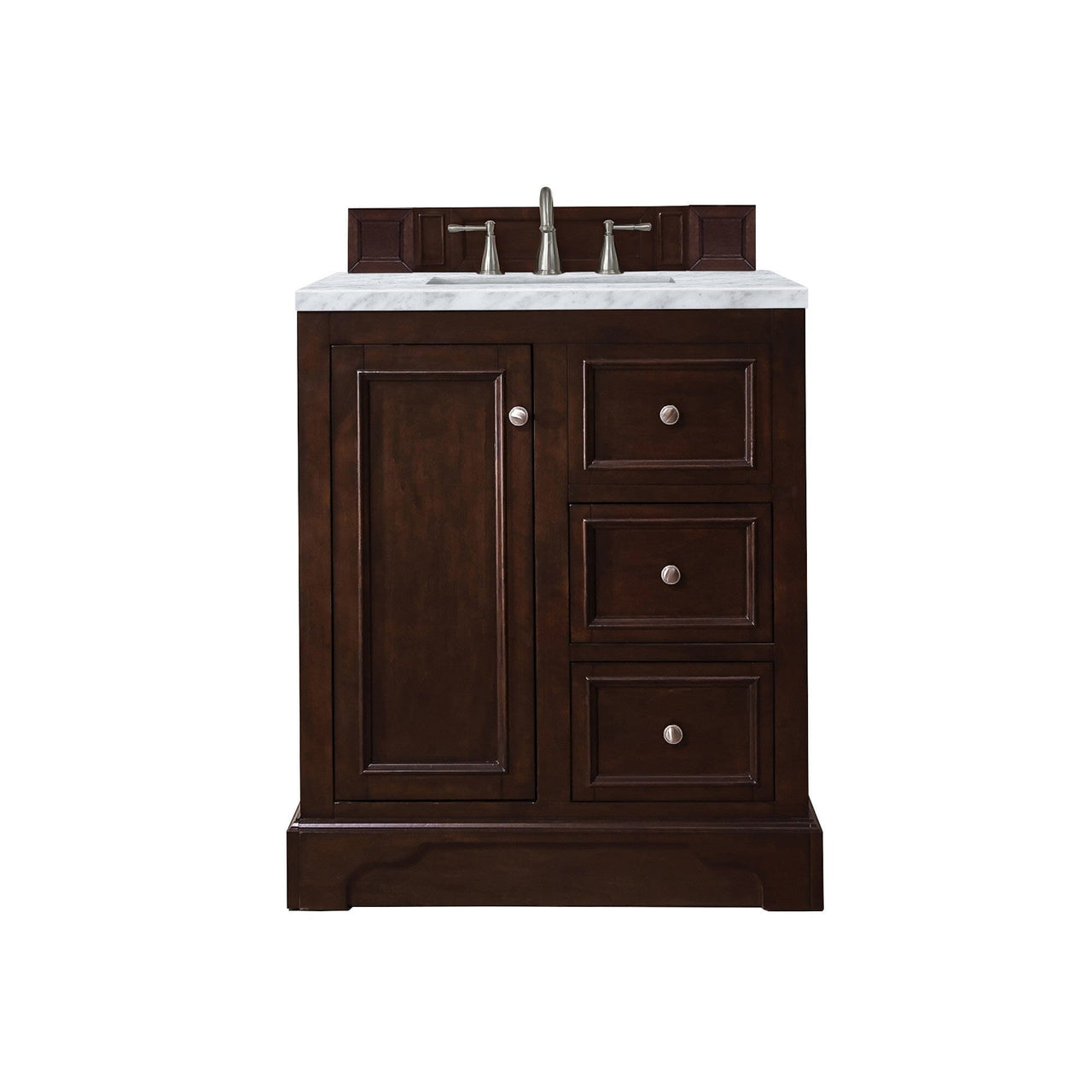James Martin De Soto 30" Single Vanity Vanity James Martin Burnished Mahogany w/ 3 CM Carrara Marble Top 