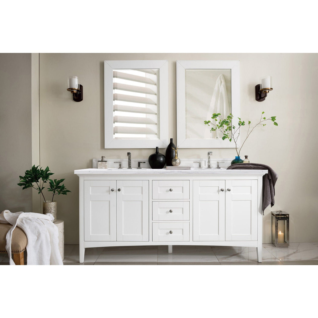 James Martin Palisades 72" Double Vanity Vanity James Martin Bright White w/ 3 CM Arctic Fall Solid Surface Top 