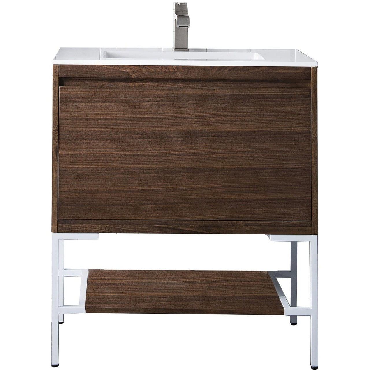 James Martin Milan 31.5" Single Vanity with Base Vanity James Martin Mid Century Walnut - Glossy White w/Glossy White Composite Top 