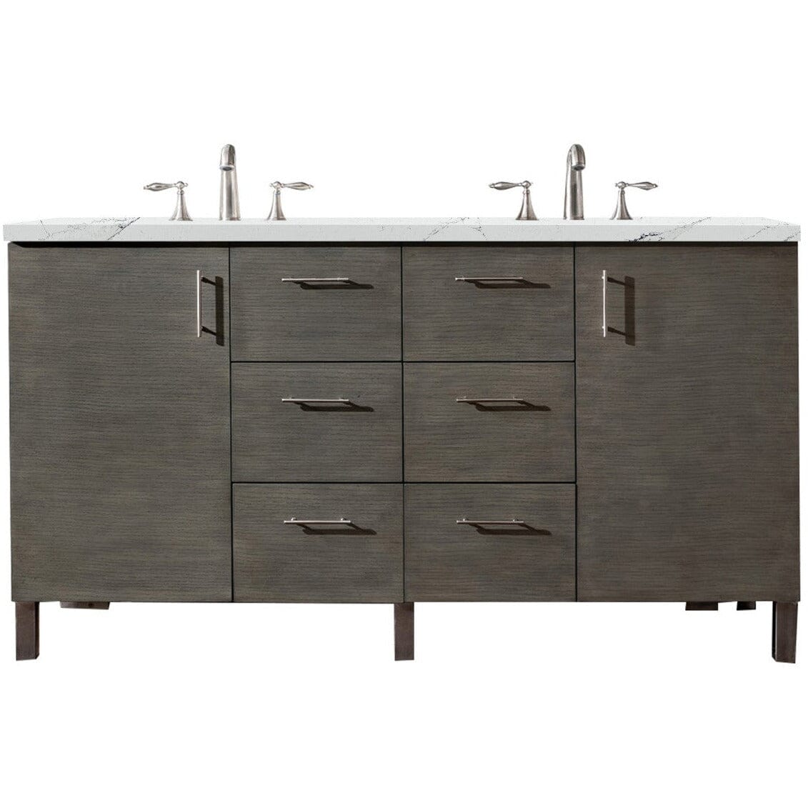 James Martin Metropolitan 60" Double Vanity Vanity James Martin Silver Oak w/ 3 CM Ethereal Noctis Quartz Top 