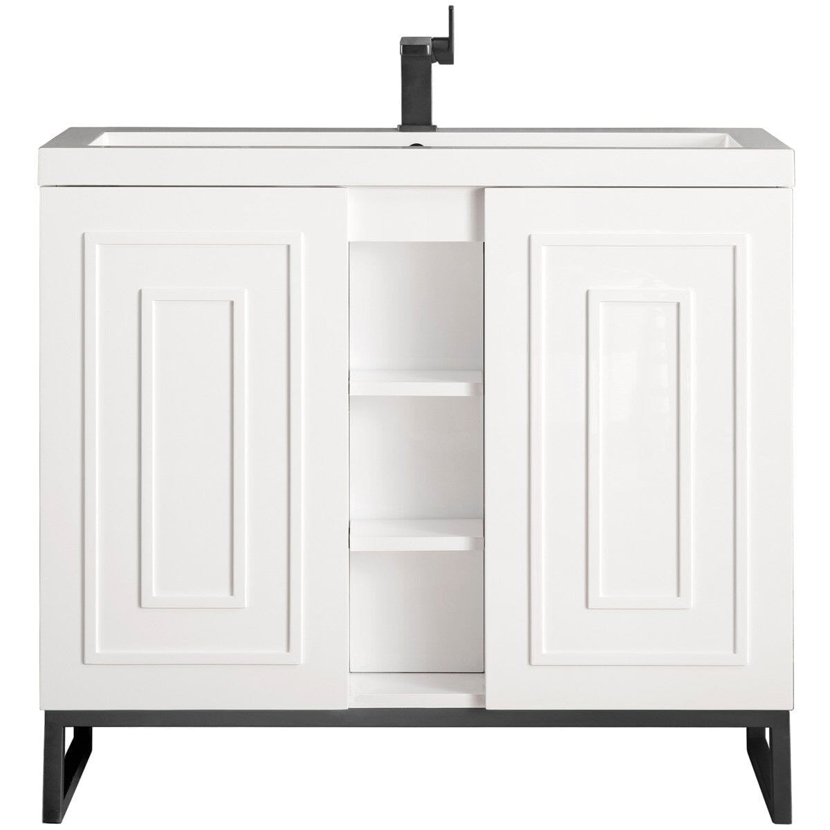 James Martin Alicante' 39.5" Single Vanity Cabinet Vanity James Martin Glossy White-Matte Black w/ White Glossy Composite Countertop 