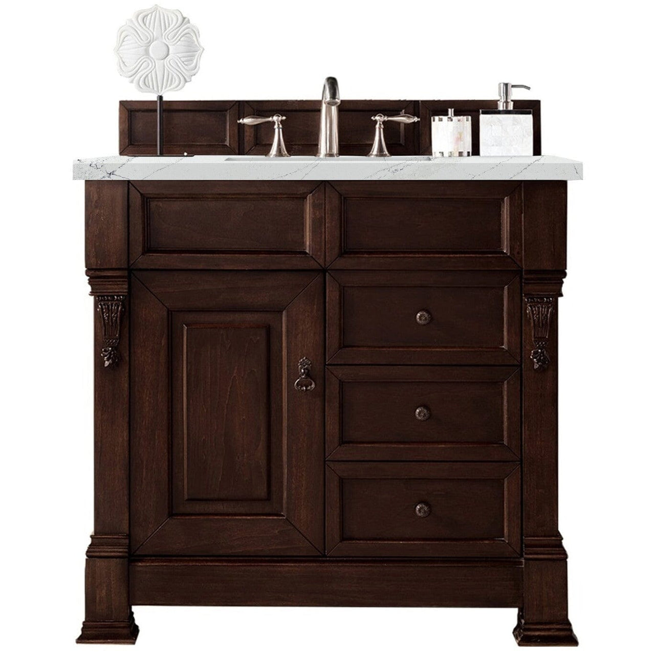 James Martin Brookfield 36" Single Vanity Vanities James Martin Burnished Mahogany w/ 3 CM Ethereal Noctis Quartz Top 