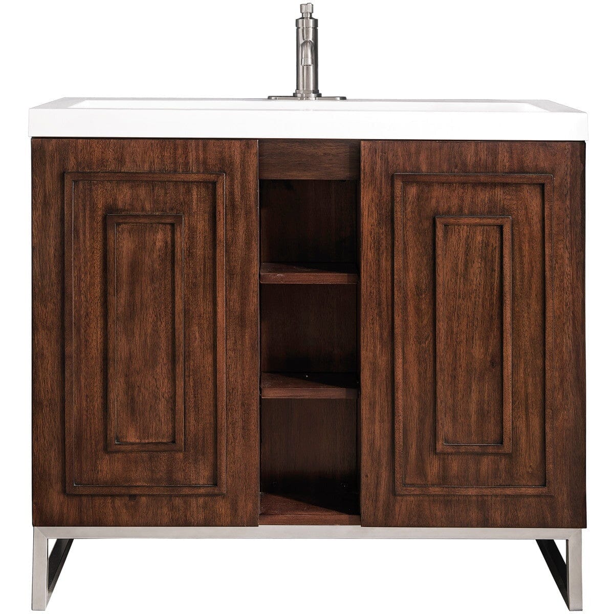 James Martin Alicante' 39.5" Single Vanity Cabinet Vanity James Martin Mid Century Acacia-Brushed Nickel w/ White Glossy Composite Countertop 