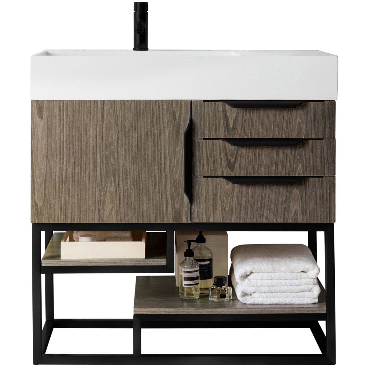 James Martin Columbia 36" Single Vanity Vanity James Martin Ash Gray - Matte Black w/ White Glossy Composite Countertop 