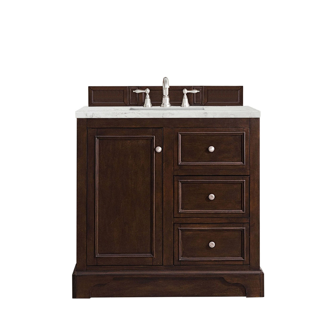 James Martin De Soto 36" Single Vanity Vanity James Martin Burnished Mahogany w/ 3 CM Eternal Jasmine Pearl Quartz Top 