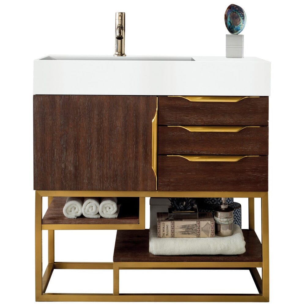 James Martin Columbia 36" Single Vanity Vanity James Martin Coffee Oak - Radiant Gold w/ White Glossy Composite Countertop 