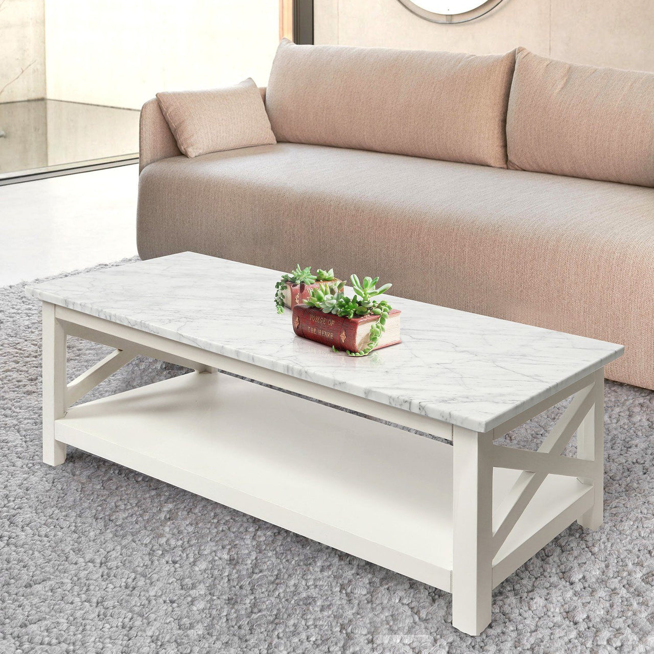 Agatha 44" Rectangular Italian Carrara White Marble Coffee Table with Color Solid Wood Legs Writing Desk The Bianco Collection 