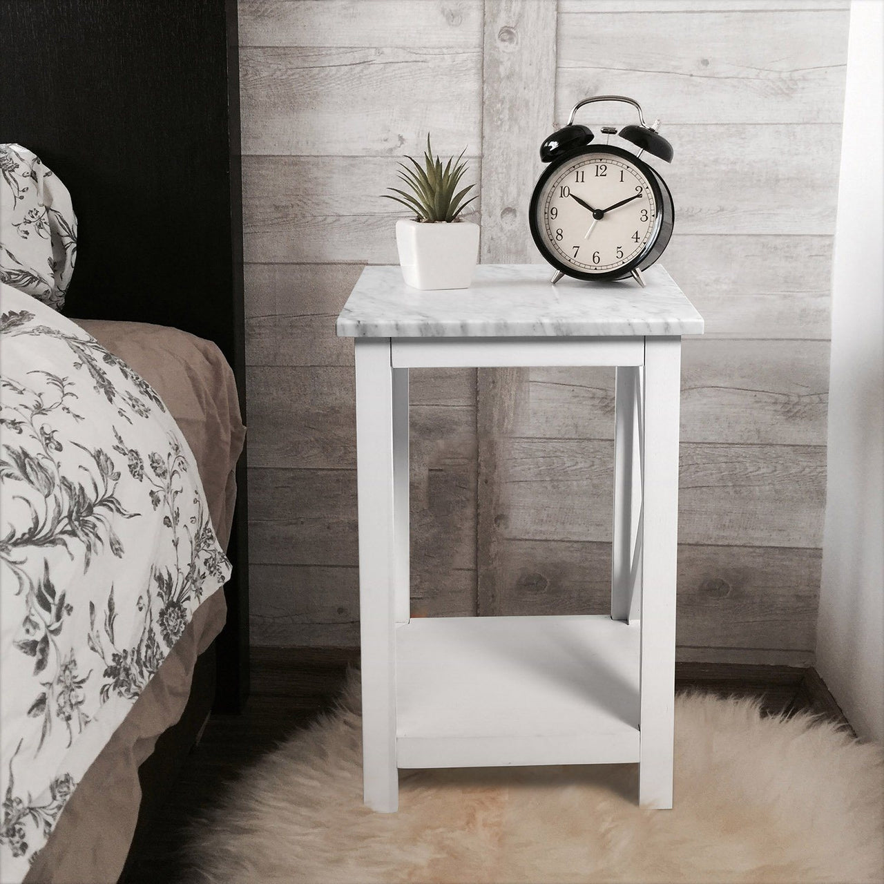 Agatha 15" Square Italian Carrara White Marble Side Table with Color Solid Wood Legs Writing Desk The Bianco Collection 