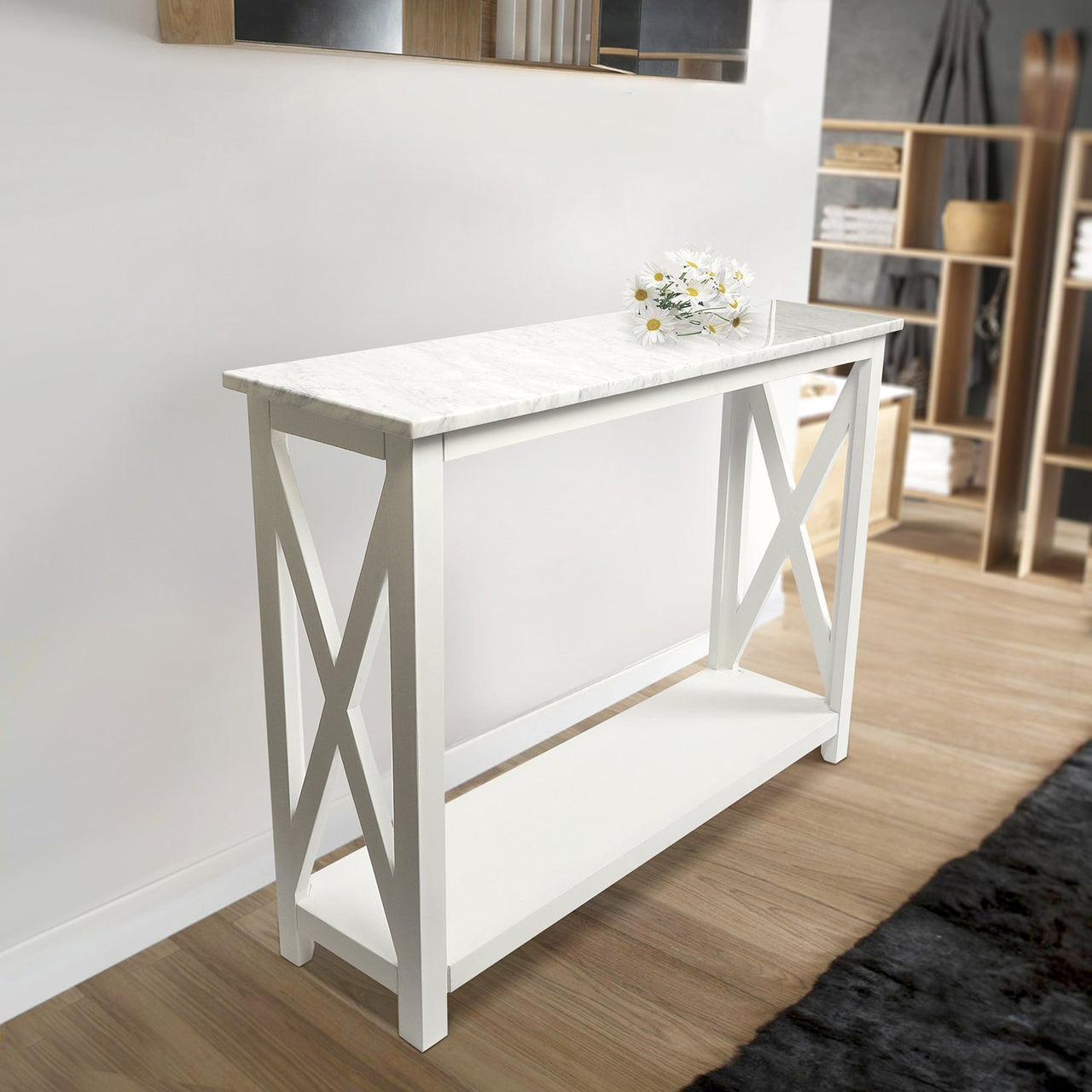 Agatha 39" Rectangular Italian Carrara White Marble Console Table with Color Solid Wood Legs Writing Desk The Bianco Collection 