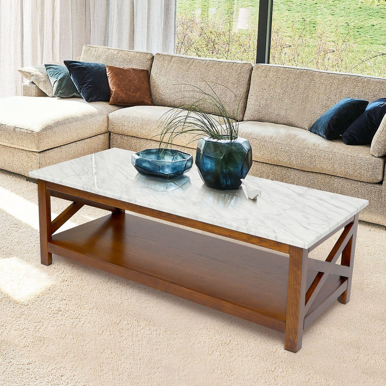 Agatha 44" Rectangular Italian Carrara White Marble Coffee Table with Color Solid Wood Legs Writing Desk The Bianco Collection 