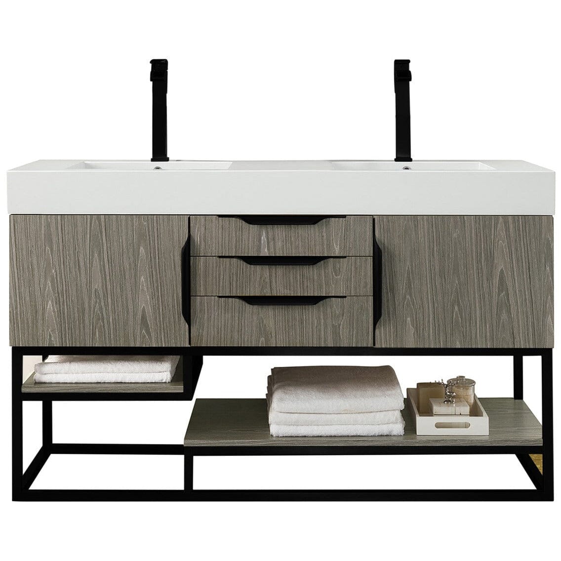 James Martin Columbia 59" Double Vanity Vanity James Martin Ash Gray - Matte Black w/ White Glossy Composite Countertop 