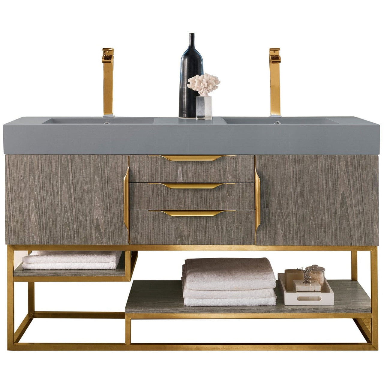 James Martin Columbia 59" Double Vanity Vanity James Martin Ash Gray - Radiant Gold w/ Dusk Grey Glossy Composite Top 