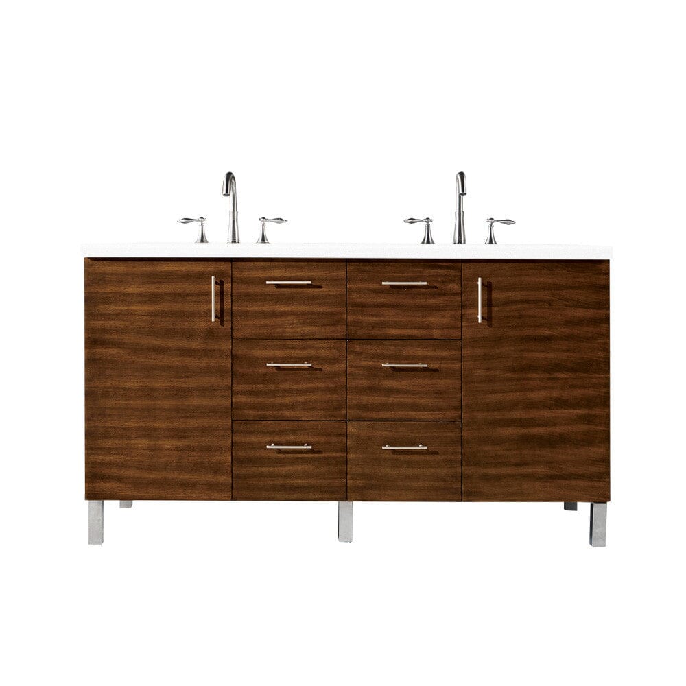 James Martin Metropolitan 60" Double Vanity Vanity James Martin American Walnut w/ 3 CM Classic White Quartz Top 