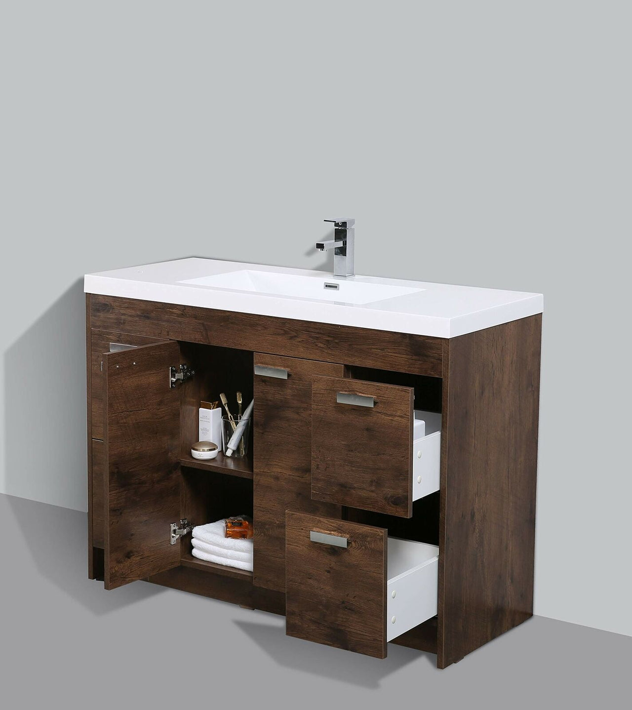 Eviva Lugano 48 Inch Modern Bathroom Vanity with White Integrated Acrylic Sink, Rosewood Bathroom Vanity Eviva 