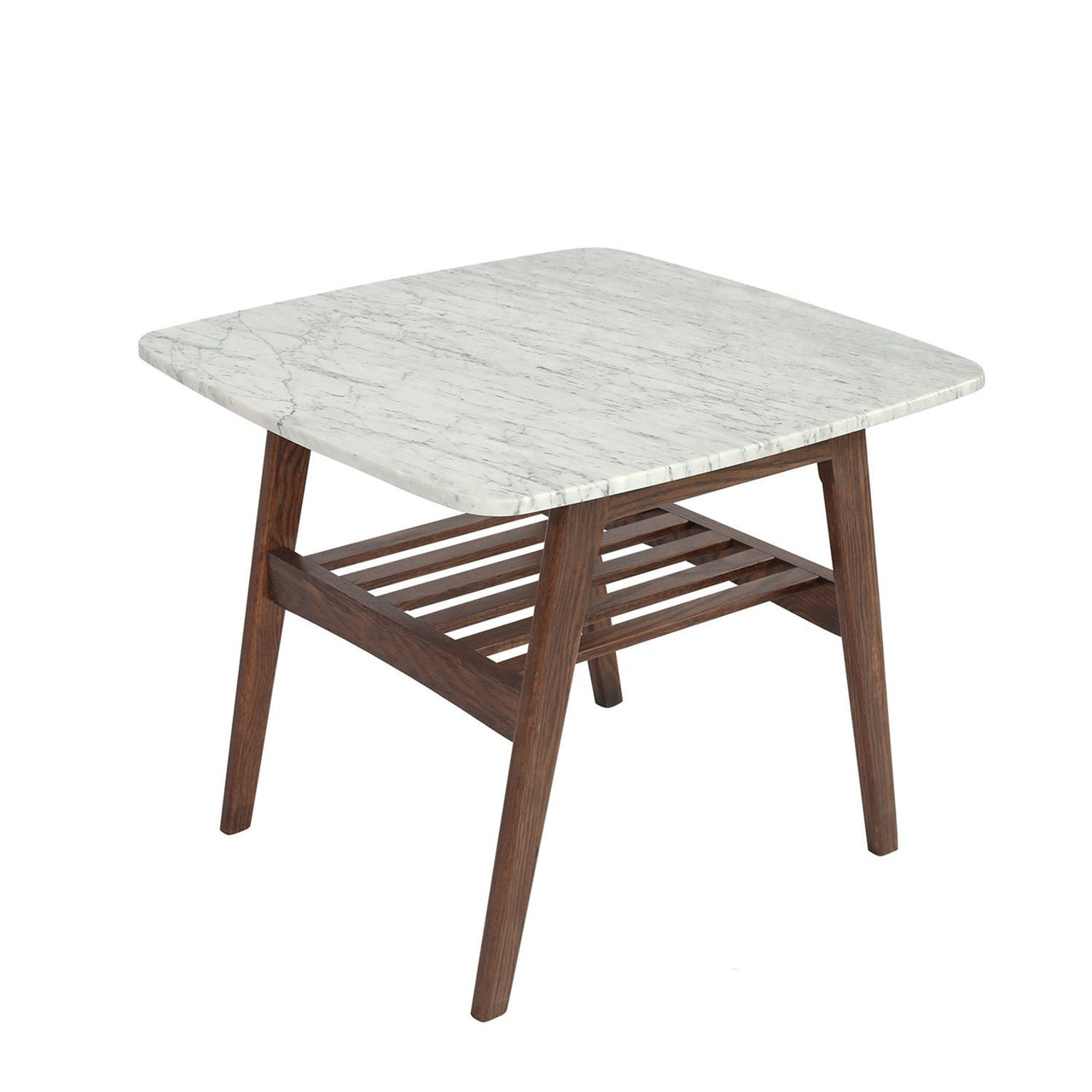 Cassoro 24" Square Italian Carrara White Marble Side Table with Shelf Side Table The Bianco Collection Walnut 