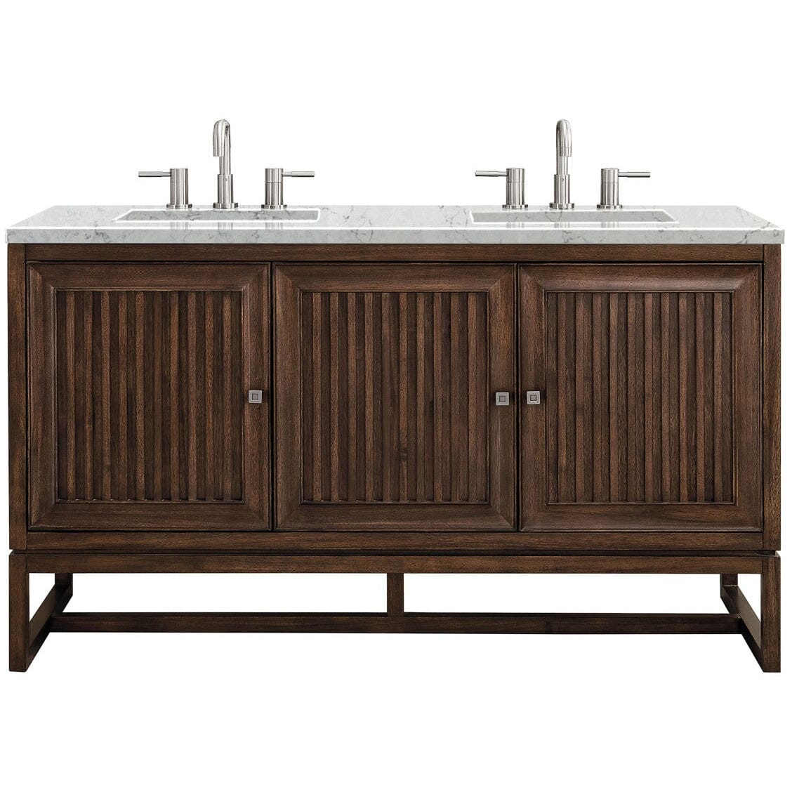 James Martin Athens 60" Double Vanity Vanity James Martin Mid Century Acacia w/ 3 CM Eternal Jasmine Pearl Quartz Top 
