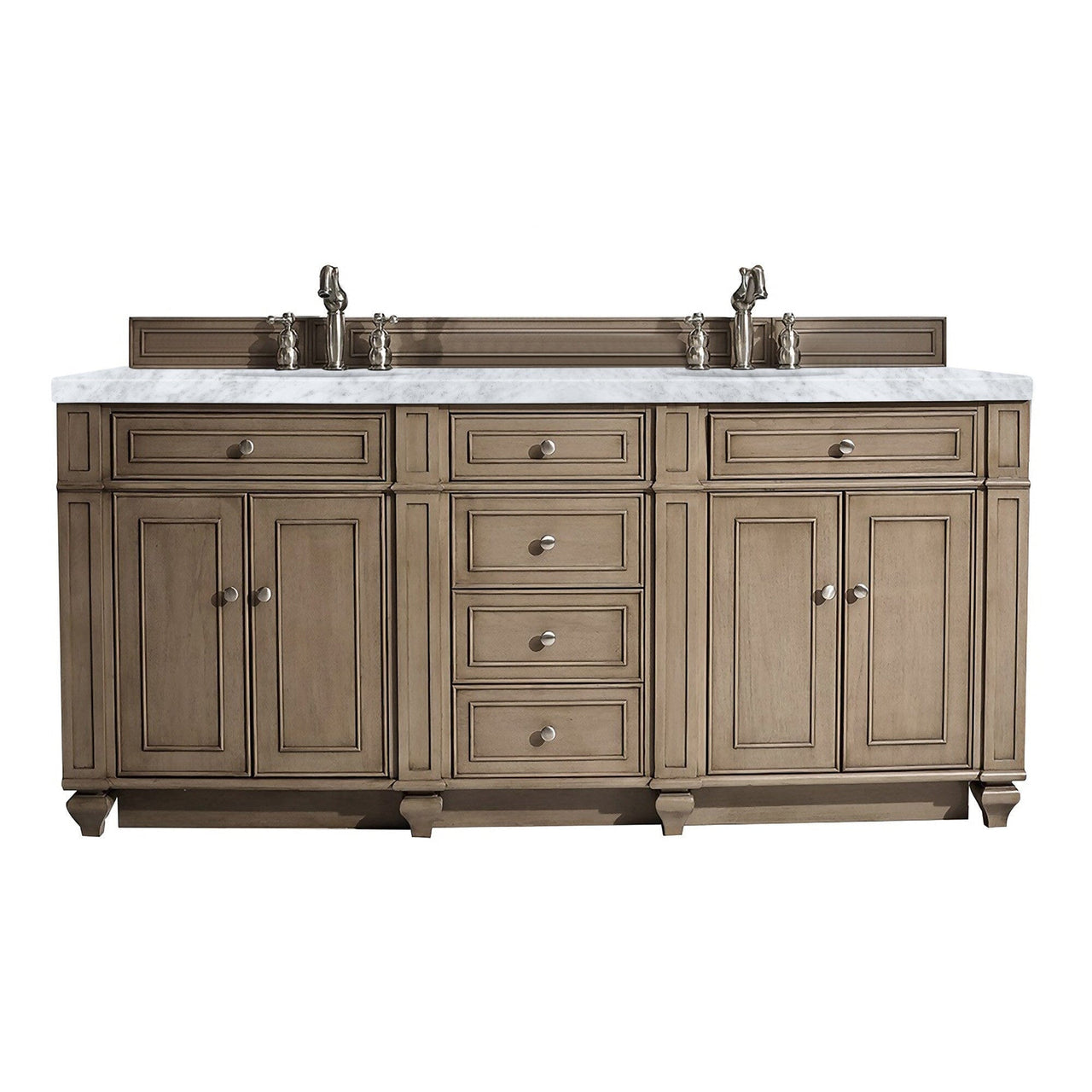 James Martin Bristol 72" Double Vanity Vanity James Martin Whitewashed Walnut w/ 3 CM Carrara Marble Top 