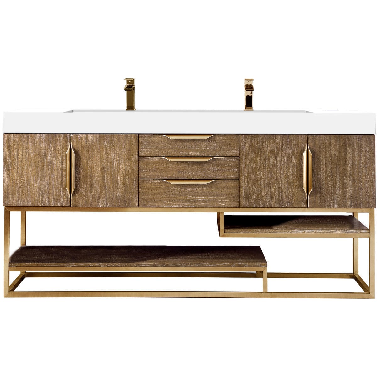 James Martin Columbia 72" Double Vanity Vanity James Martin Latte Oak - Radiant Gold w/ White Glossy Composite Countertop 