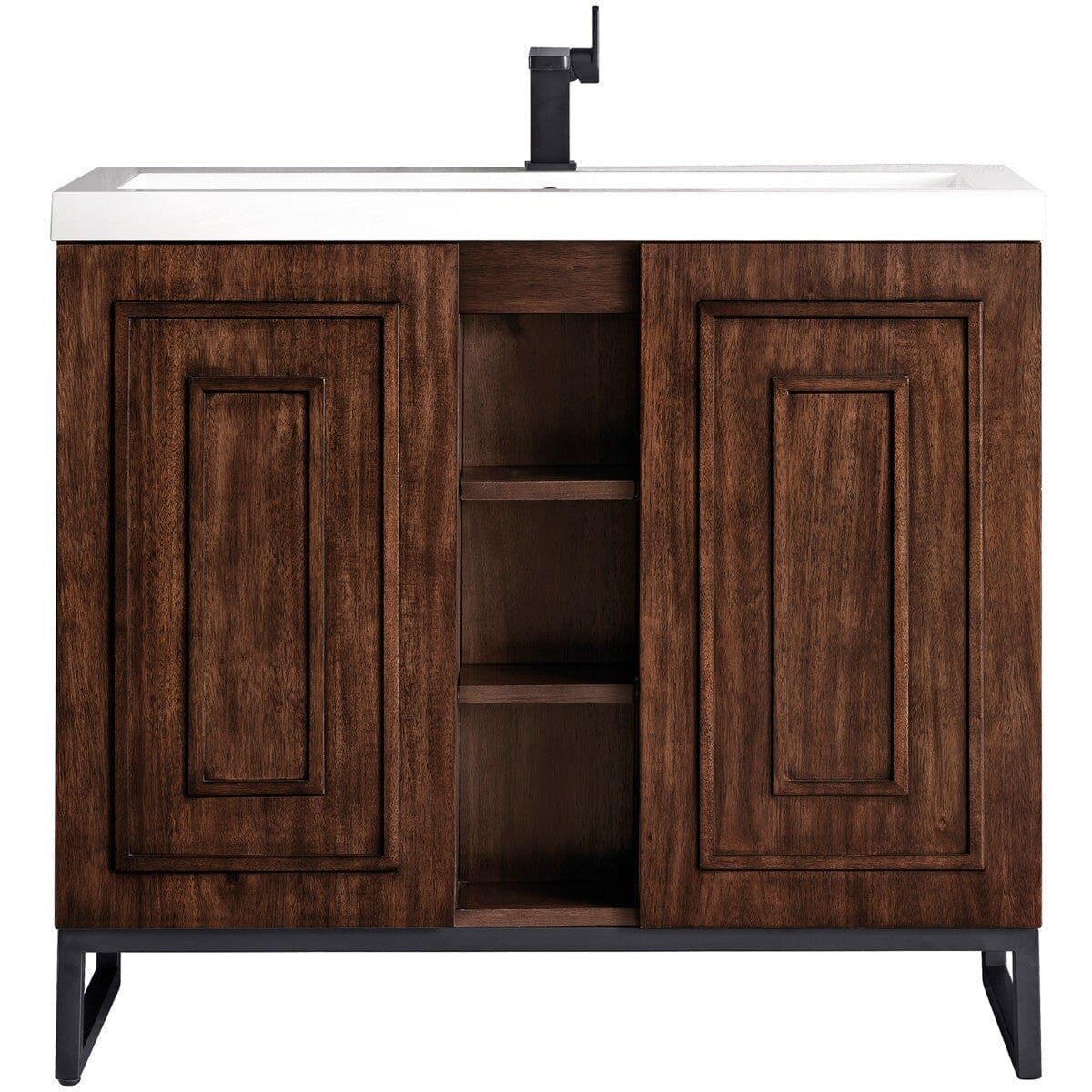 James Martin Alicante' 39.5" Single Vanity Cabinet Vanity James Martin Mid Century Acacia-Matte Black w/ White Glossy Composite Countertop 