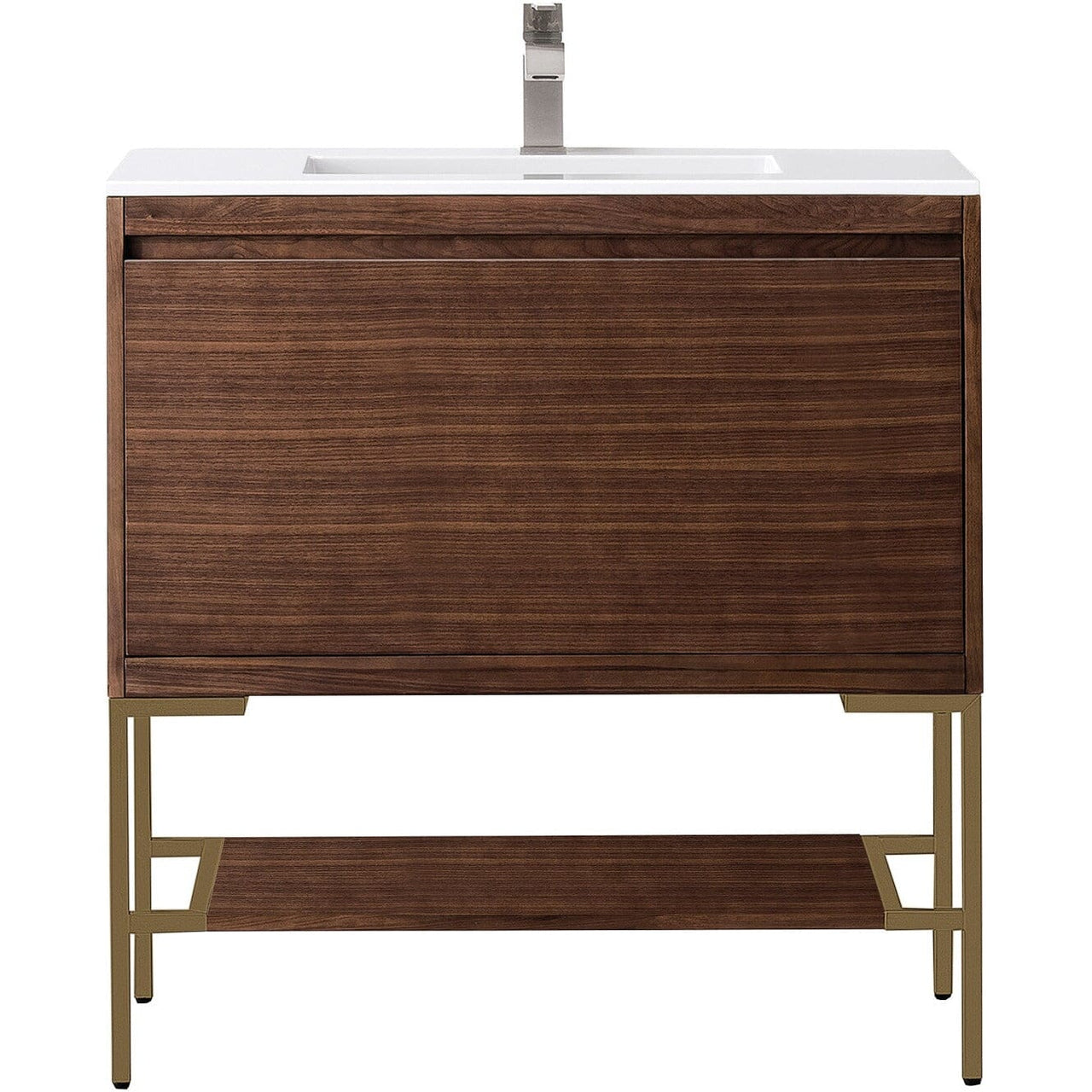 James Martin Milan 35.4" Single Vanity Vanity James Martin Mid Century Walnut - Radiant Gold w/Glossy White Composite Top 