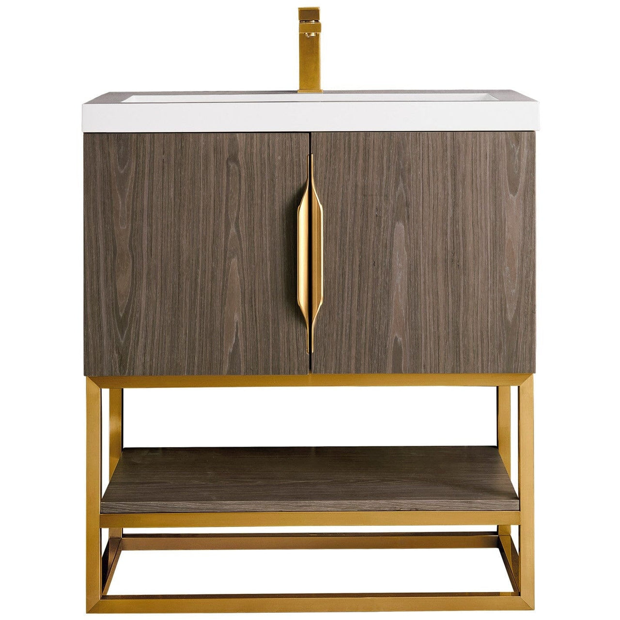 James Martin Columbia 31.5" Single Vanity Vanity James Martin Ash Gray - Radiant Gold w/ White Glossy Composite Countertop 