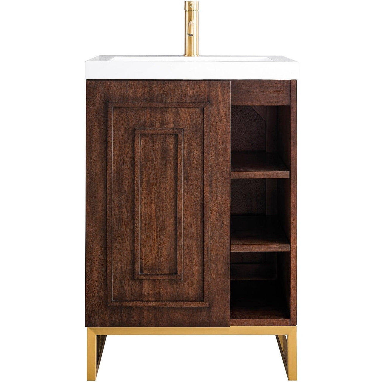 James Martin Alicante' 24" Single Vanity Cabinet Vanity James Martin Mid Century Acacia-Radiant Gold w/ White Glossy Composite Countertop 
