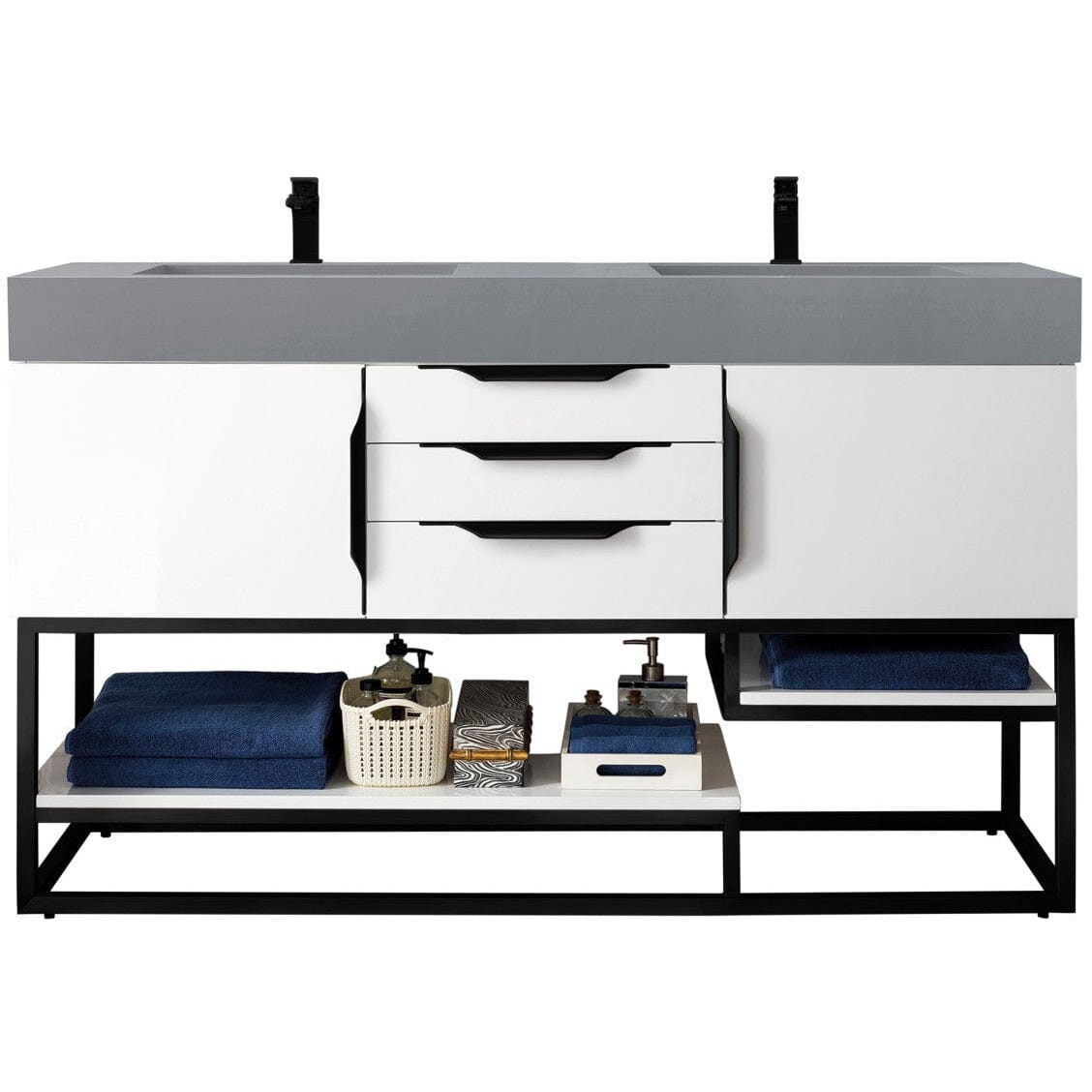James Martin Columbia 59" Double Vanity Vanity James Martin Glossy White - Matte Black w/ Dusk Grey Glossy Composite Top 