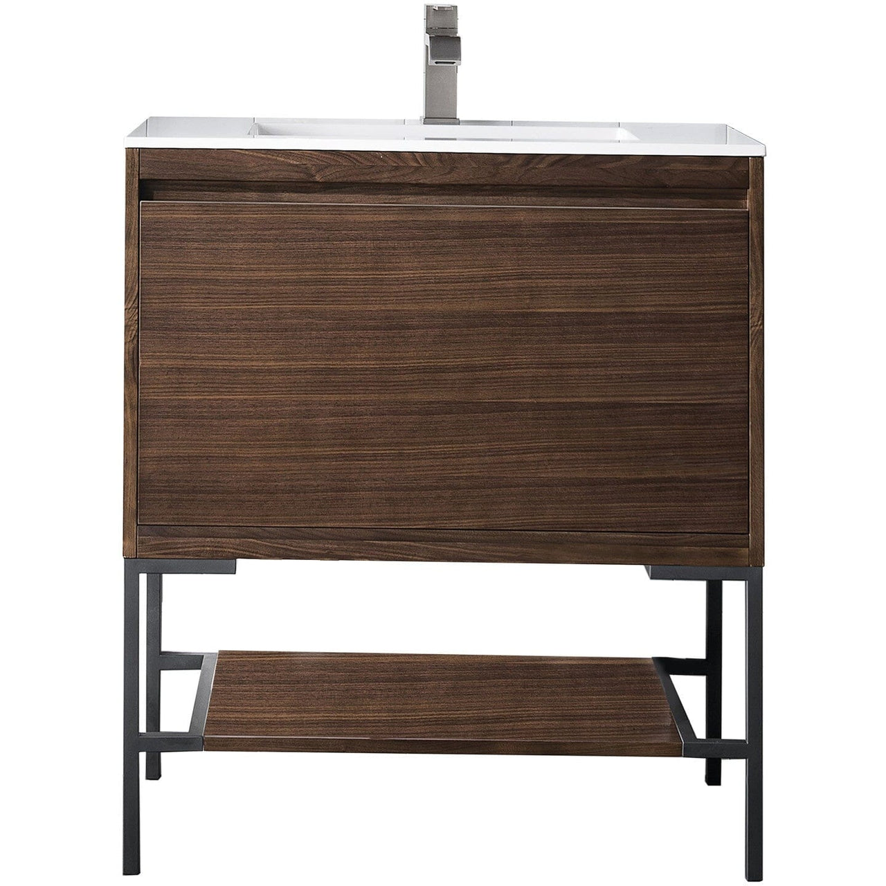 James Martin Milan 31.5" Single Vanity with Base Vanity James Martin Mid Century Walnut - Matte Black w/Glossy White Composite Top 