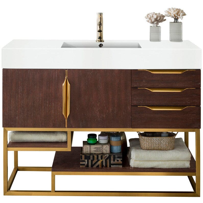 James Martin Columbia 48" Single Vanity Vanity James Martin Coffee Oak - Radiant Gold w/ White Glossy Composite Countertop 