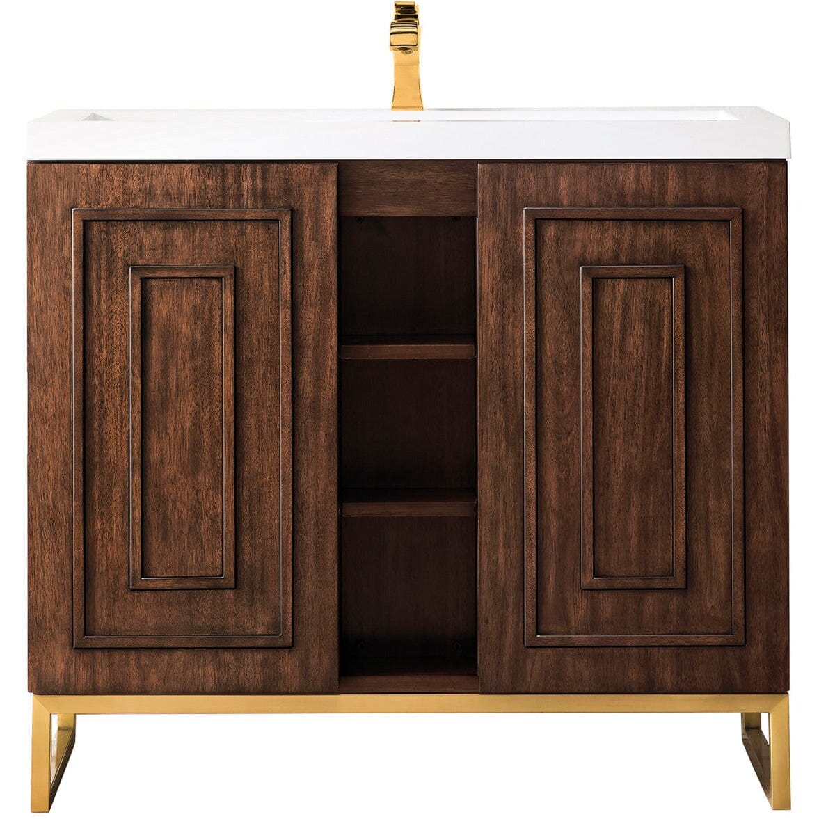 James Martin Alicante' 39.5" Single Vanity Cabinet Vanity James Martin Mid Century Acacia-Radiant Gold w/ White Glossy Composite Countertop 