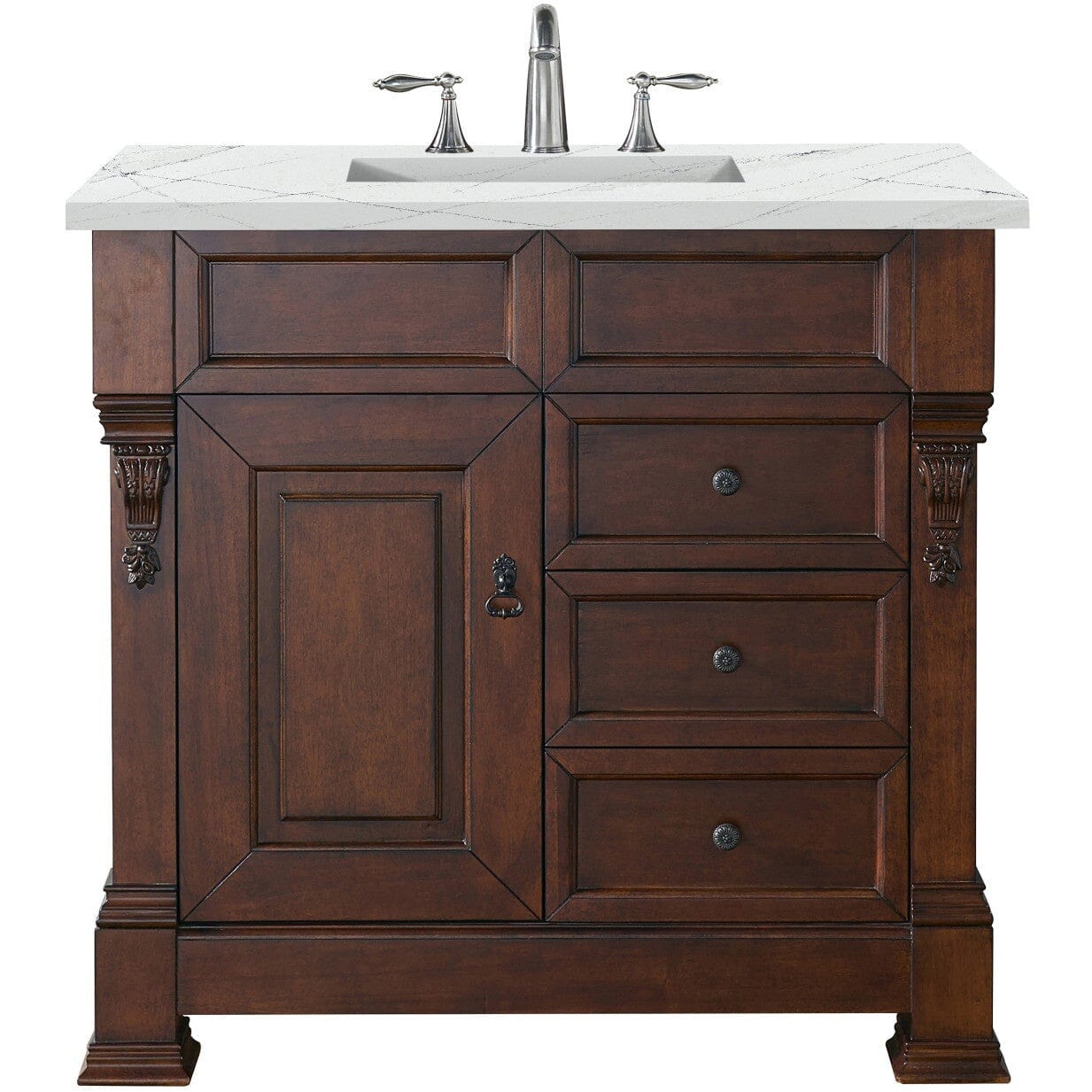 James Martin Brookfield 36" Single Vanity Vanities James Martin Warm Cherry w/ 3 CM Ethereal Noctis Quartz Top 