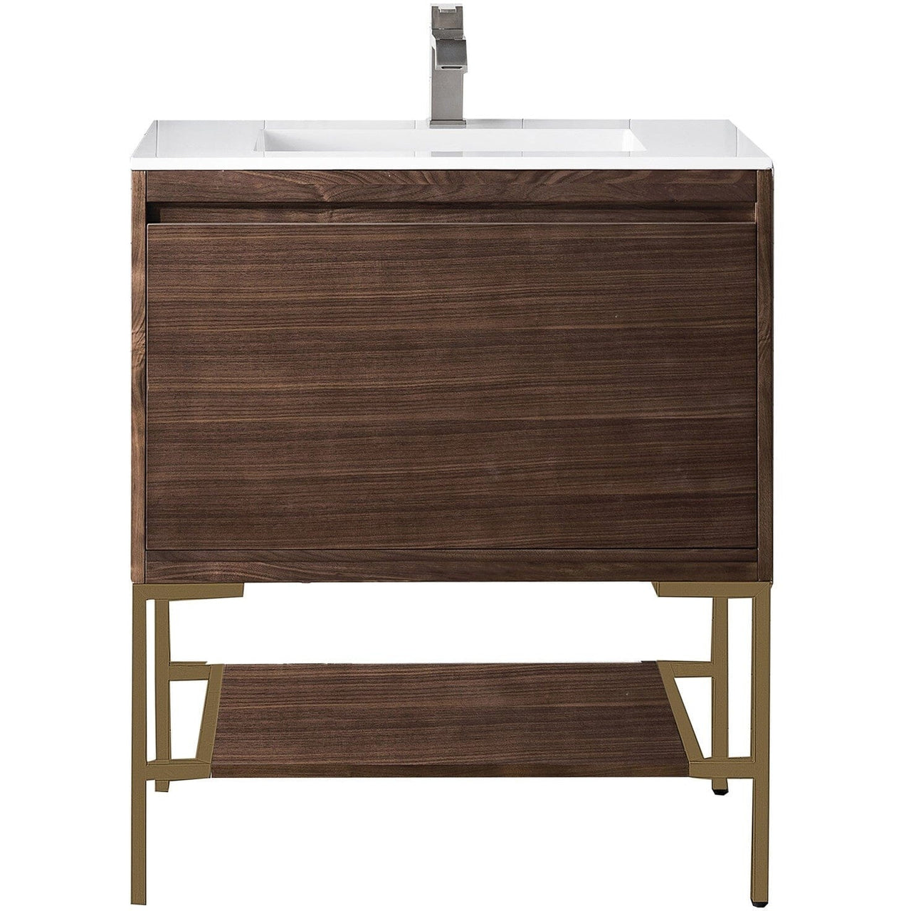 James Martin Milan 31.5" Single Vanity with Base Vanity James Martin Mid Century Walnut - Radiant Gold w/Glossy White Composite Top 